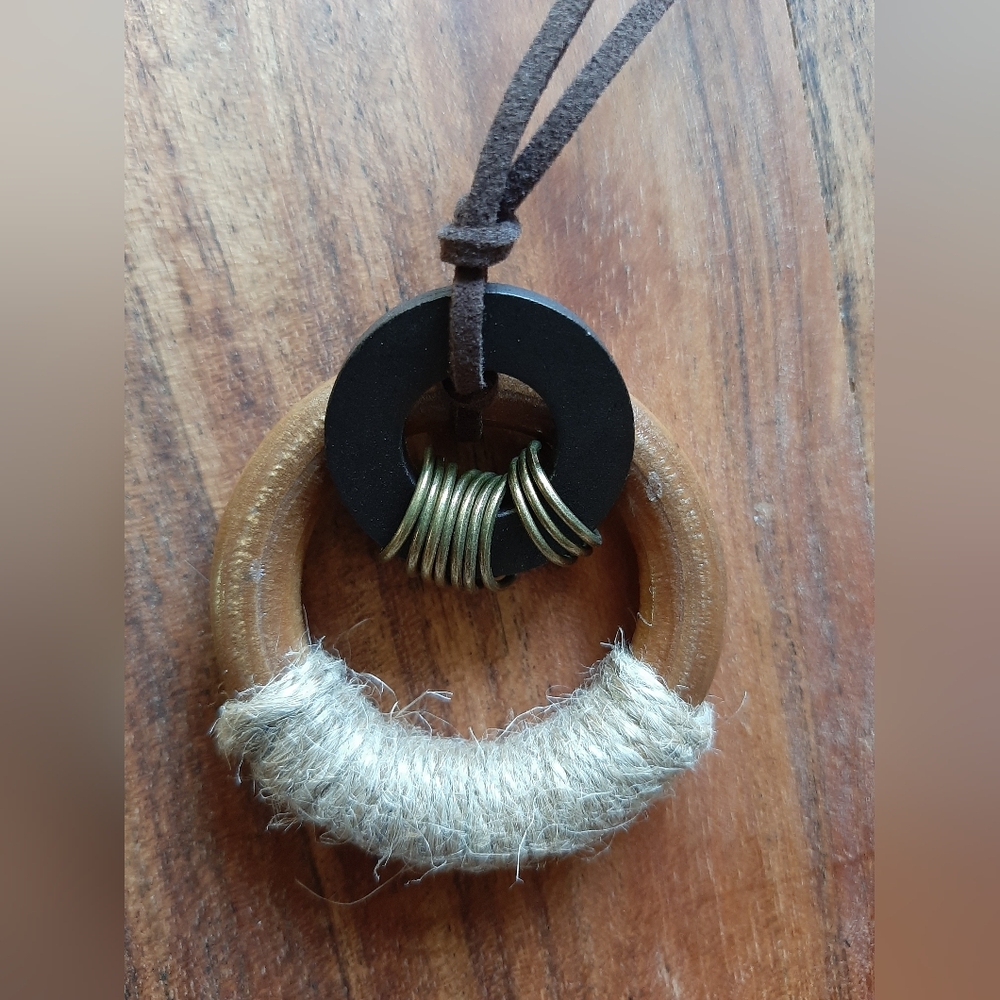 Black and Brown Whool Wrapped Wooden  Pendant Necklace